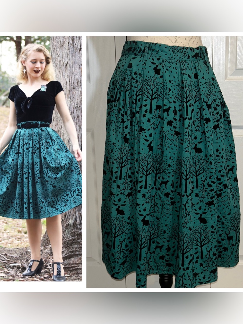 Hell Bunny Retro Sherwood Forest Whimsy Woodland Velvet Flocked Full Skirt Med